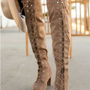 Taupe suede over the knee lace up boots